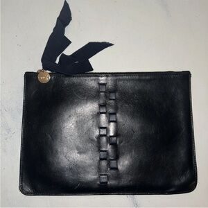 Clare V. Black Leather with Navy Bow Clutch Bag Purse 11.25”Wx8”H